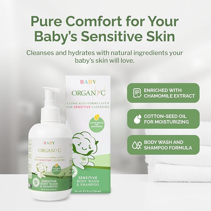 Organyc Baby Shampoo & Body Wash with Skin-Nurturing Cotton Seed Oil, Gentle Kids Body Wash, Naturally Formulated Baby Essentials, 8.5 fl oz