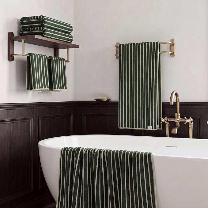 ecolook Striped Microfiber Bathroom Towel Set, Lightweight-Green | Highly Absorbent 6-Piece Microfiber Towel Set, 2 Bath Towels, 2 Hand Towels, and 2 Washcloths for Everyday Use