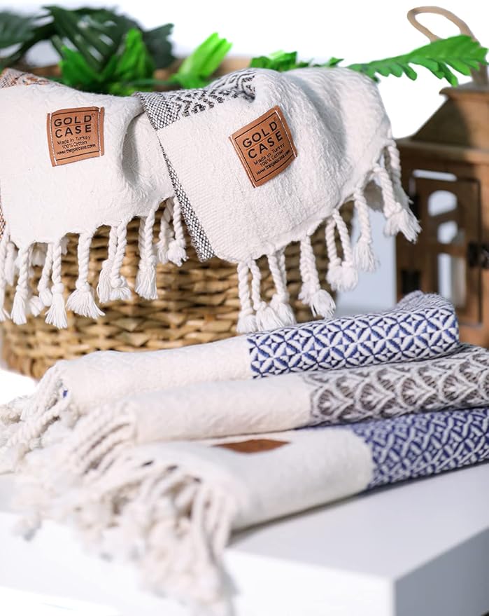 Gold CASE Turkish Hand Towels for Bathroom Set of 4 – 100% Cotton Bathroom Towels – Helen Kitchen Small Towel for Spa, Face, Tea & Dishcloth – Decorative Patterned Weave – Black