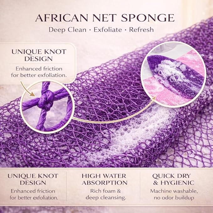 African Net Sponge Authentic, 3 Pieces African Exfoliating Net Sponge Body Back Scrubber Exfoliating Washcloth for Shower Bath for All Types (Black+Brown+Pink, 3 Pcs)