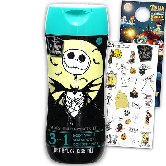 Nightmare Before Christmas Kids Shampoo, Conditioner, Body Wash 8 Oz Bottle - Bundle with Disney 3-in-1 Scary Blueberry Scented Body Wash, Shampoo & Conditioner Plus Stickers | Disney Bathroom Set