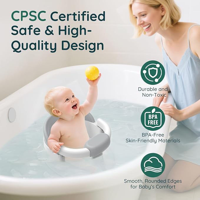 Baby Bath Seat for Babies Sitting Up, Non-Slip Baby Bath Chair with Strong Suction Cups, Lockable Armrest & High Back 360° Safety Support, Ideal for Active Toddlers 6-24 Months, Gray