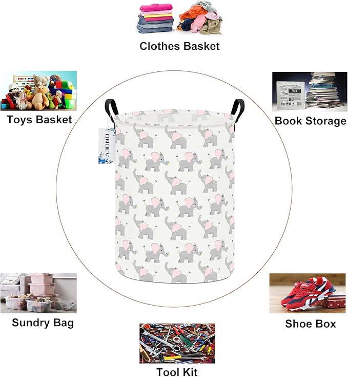 Round Elephant calf Laundry Hamper, Household Storage Bin | waterproof foldable canvas bin with sturdy grip handles, large capacity, tidy organizer for bath linens and kids garments
