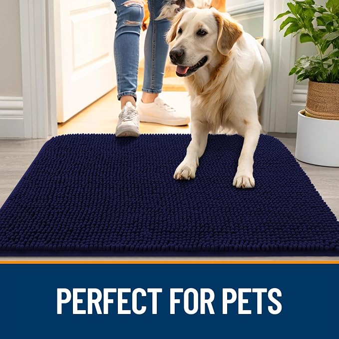 OLANLY Dog Door Mat for Muddy Paws 36x24, Absorbs Moisture and Dirt, Absorbent Non-Slip Washable Doormat, Quick Dry Chenille Mud Mat for Dogs, Entry Indoor Entryway Carpet for Inside Floor, Navy Blue