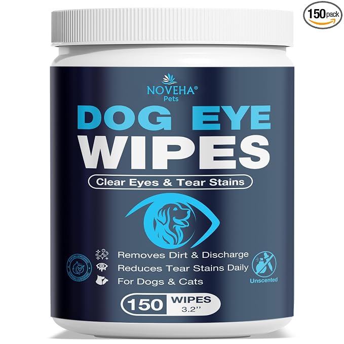 NOVEHA 150PCs Dog Eye Wipes Tear Stain Remover For Discharge and Crust | White Dog Face Wipes | Easy Daily Pets Gentle Eye Cleaner for Whitening & Cleansing Without Irritation | Round Wipes