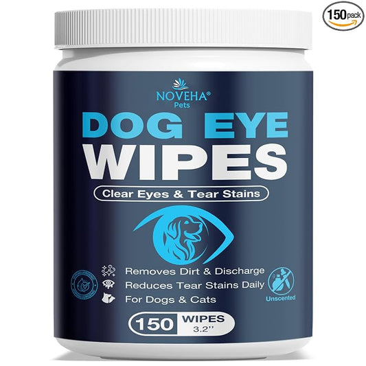 NOVEHA 150PCs Dog Eye Wipes Tear Stain Remover For Discharge and Crust | White Dog Face Wipes | Easy Daily Pets Gentle Eye Cleaner for Whitening & Cleansing Without Irritation | Round Wipes