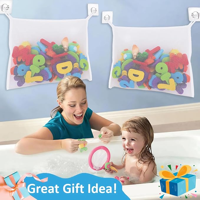 Bath Toy Net for Tub – Large Bath Toy Storage, Mesh Bath Toy Holder for Bathtub, Quick Dry Bathroom Bag for Kids Shower, Hanging Basket Organizer with Strong 6 Suction Cups 4 Adhesive Hooks, 2 Pack