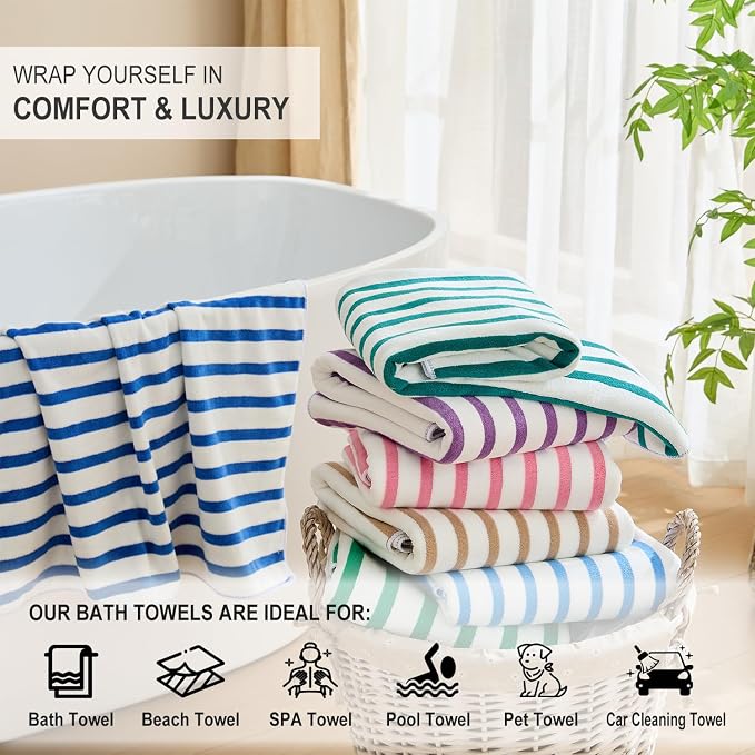 JML Beach Towels Set of 2, 30" x 60", Large Microfiber Bath Towel Cabana Stripe, Quick Drying Absorbent for Sauna, Shower, Gym, Summer Party, Sport, Swimming, Pool, Yoga, Camping, Coffee