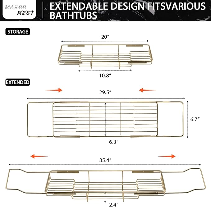 Bathtub Tray Caddy for Luxury Bath Expandable Extra Wide Bath Tub Tray with Natural Marble Tray and Mobile/Tablet Stand, Ideal for Home Spa Lovers (Gold + Black)