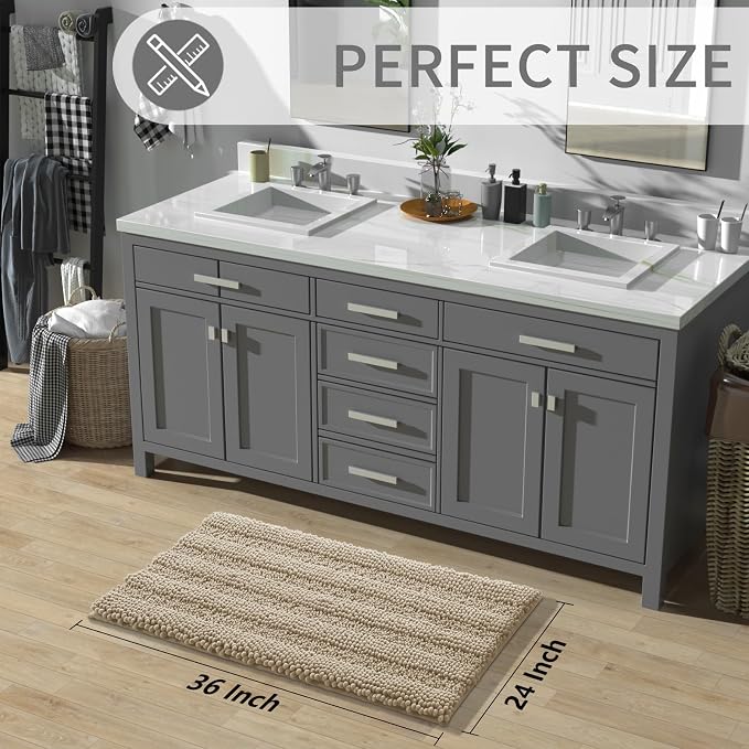Yimobra Bathroom Rug Mat 36 x 24, Non Slip and Super Absorbent Bath Mat,Machine Washable Quick Dry,Ultra Plush Chenille Shower Rugs for Bathroom Floor Sink Tub and Shower Outside,Camel