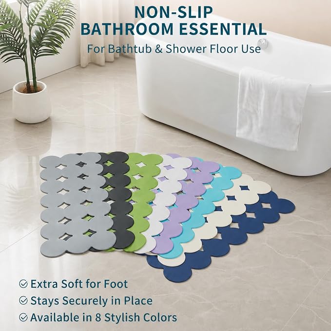 Webos Bathtub Mat Non Slip: Extra Long Rubber Bath Mat for Tub with Strong Suction Cups 15.4" x 37.8" Anti Slip Shower Mat, Big Drain Holes Bathroom Mats for Tub & Shower, Circle-Blue