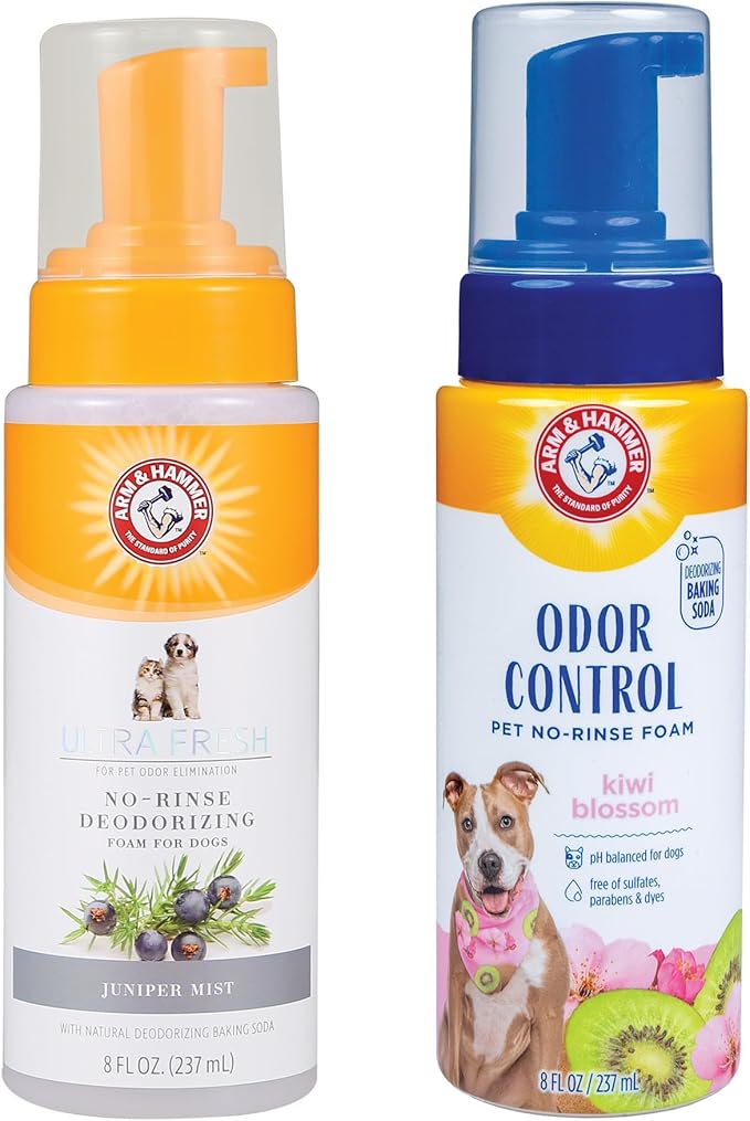 Arm & Hammer Ultra Fresh & Odor Control No-Rinse Dog Deodorizing Foams Bundle – Waterless Dog Shampoos with Baking Soda, Juniper Mist & Kiwi Blossom Scents, 8 Fl Oz Each