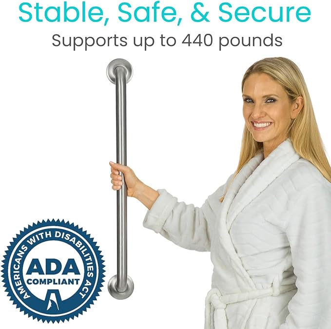 Vive Grab Bar for Showers - Bathroom Antislip Handrail for Seniors, Elderly Assistance Product, Heavy Duty Shower Handles, Handicap Grab Bars, Stainless Steel, Multipurpose, 440 lbs