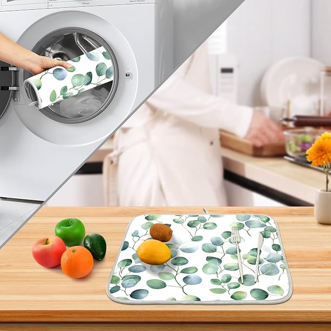 Eucalyptus Leaf Morandi Dish Drying Mats for Kitchen Counter Small Drying Mat for Dishes Microfiber Dish Rack Mat Drainer Pad Washable Foldable Ultra Absorbent Dry Mat 18"x16"