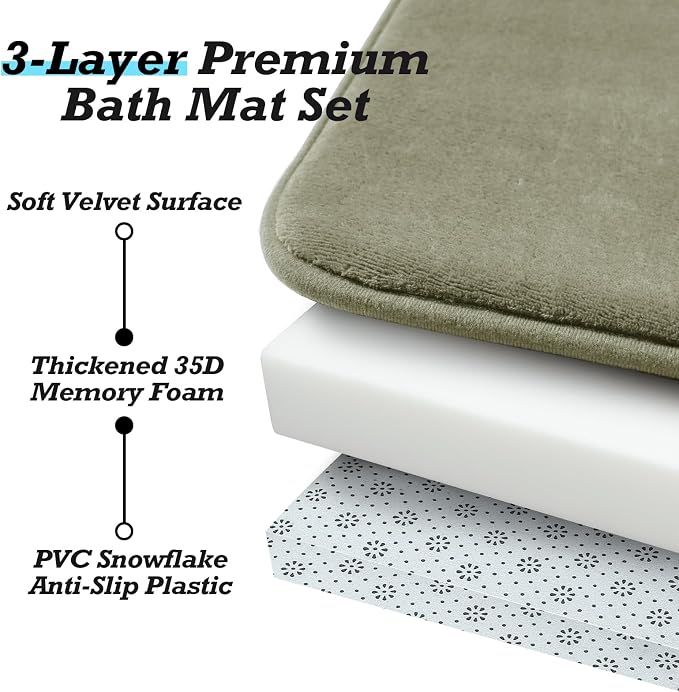 HUXMEYSON Bathroom Rugs Sets 3 Piece, Non-Slip & Quick Dry Bath Mat Set, Ultra Soft Velvet Bath Rugs for Bathroom, Toilet and Shower Floor, Olive Green