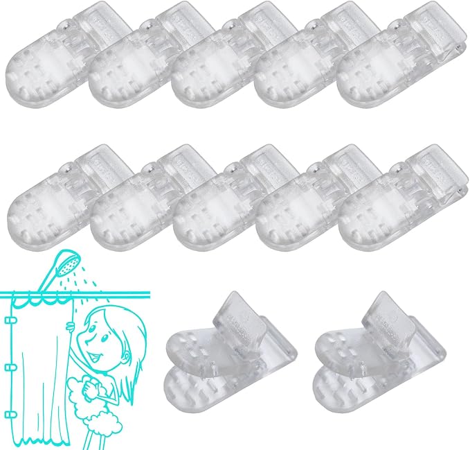 Kingwee Thumb Shower Curtain Clips, Shower Splash Guard Holders, Bathtub Curtain Liner Clips for Windproof & Splash Water (Clear-12 Pack)