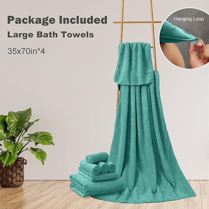 Bath Towel Set of 4, Extra Large Towels Oversized 35x70 Inch Shower Bathroom Towels Highly Absorbent Quick Dry Towel Textured Soft Bath Sheet Towels Set for Bathroom Hotel SPA Camping (Sea Blue)