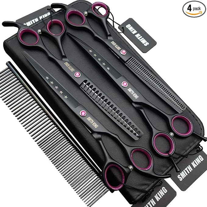 7.0 inches Professional Dog Grooming Scissors Set Straight & thinning & Curved & chunkers 4pcs in 1 Set (with Comb)