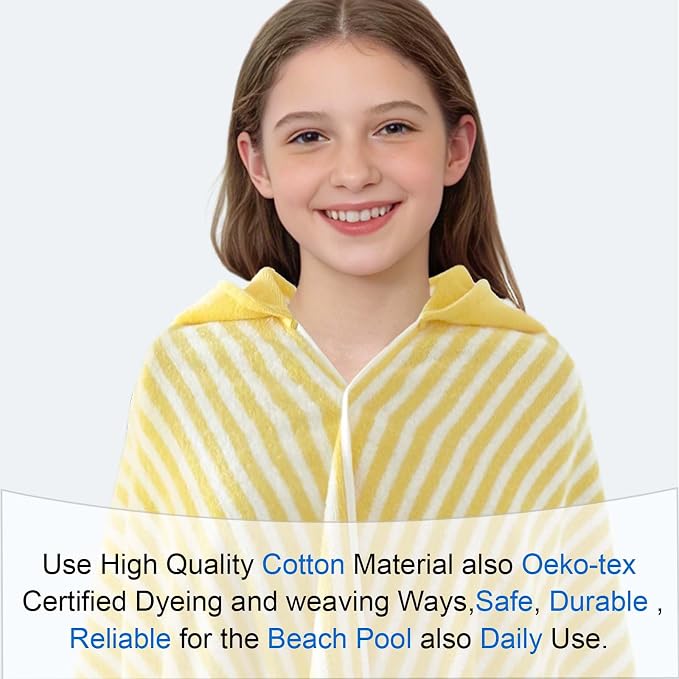 VOOVA & MOVAS Yellow Striped Hooded Beach Towel for Teens & Big Kids (8Years Up), Soft Absorbent 100% Cotton Thick Towel Wrap for Girls, Beach Pool Swim Bath Cover-Up