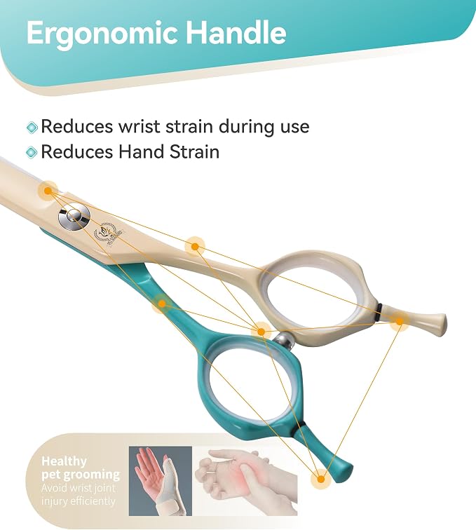 Curved Dog Grooming Scissors with Coating 440C Stainless Steel, 7 inch Professional Curved Shears Dog Grooming，25 Degree of Curved Blade，Pet Shear for Trimming Face and Paws, Green & White