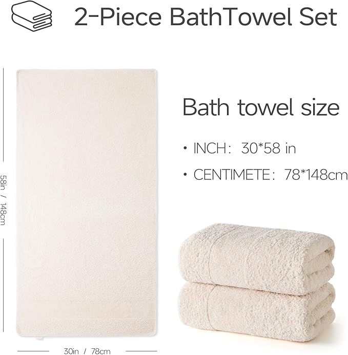 REDKISS 2 Pack Luxury 30x58 Inch Large Cotton Bath Towels Set, Sand Beige | 100% cotton luxury fabric, ultra soft, highly absorbent & quick dry sand Beige towels for bathroom, gym, hotel and spa