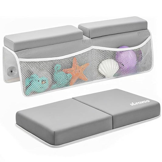 UBRAVOO Baby Bath Kneeler with Elbow Rest Pad, Non-Slip Foam Mat, Quick-Drying Cushion, Foldable Bathtub Support with Toy Storage Pockets for Parents (Gray)
