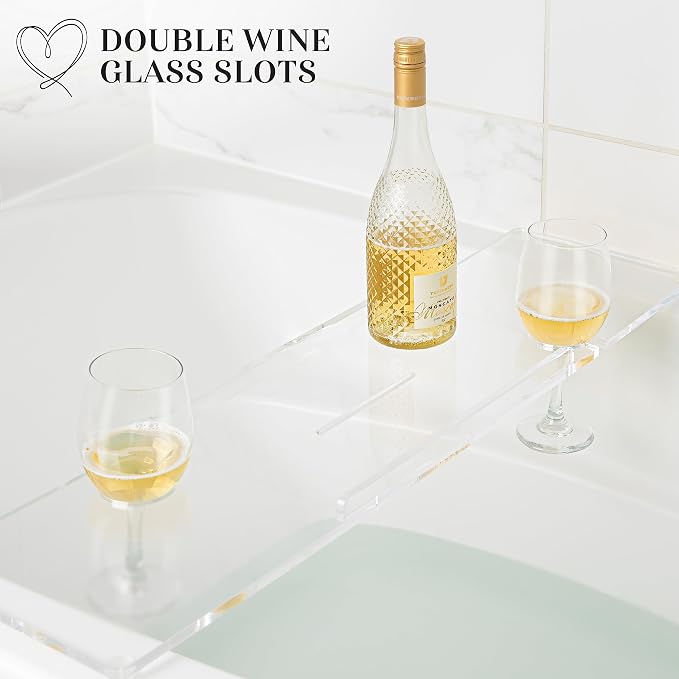 36" Supreme Plus- Luxury Bathtub Tray Caddy- 3/8" Thick, Clear Bath Tub Tray Table for 1 or 2 Bathers, Acrylic Bathtub Caddy, iPad and 2 Wine Glass Holders (Supreme Plus, 36")