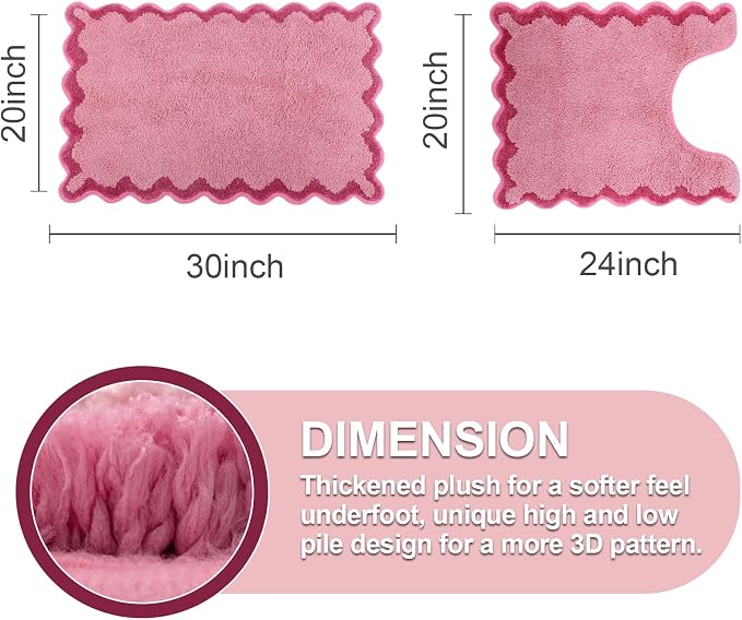 ORTIGIA Cute Scalloped Bathroom Rugs Set,Candy Pink Plush Microfiber Scallop Bath Mats Non Slip Washable Quick Dry Absorbent Rug Carpet for Sink Laundry Room Bedroom,20" x 30" + U Shape 20" x 24"