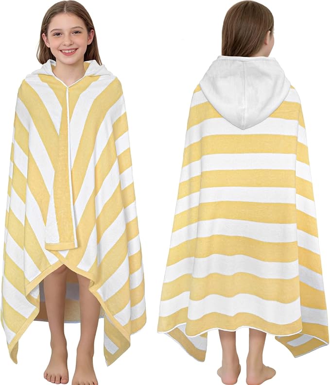 VOOVA & MOVAS Teens Hooded Towel (8Years Up) | Soft Absorbent 100% Cotton Thick Towel Wrap for Big Kids | Versatile Beach, Pool, Swim & Bath Cover-Up,Yellow White Stripe