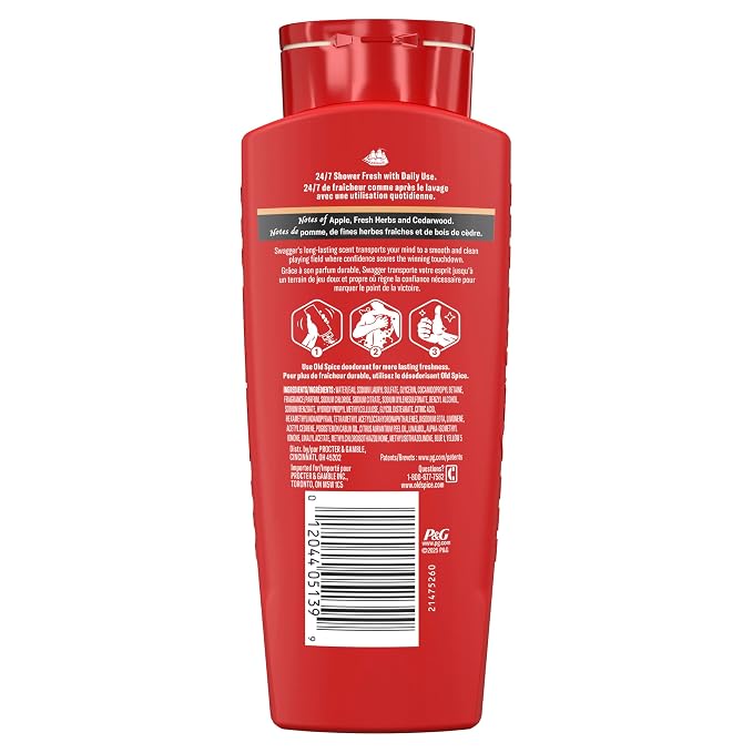 Old Spice Refreshing Body Wash for Men, 3X Defense, 24/7 Shower Fresh with Long Lasting Scent, Red Collection, Swagger with Cedarwood Scent, 24 oz (Pack of 2)