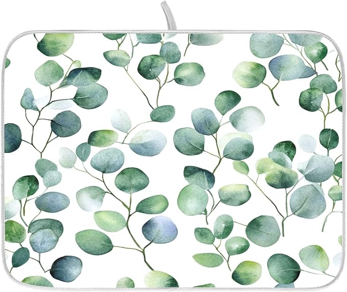 Eucalyptus Leaf Morandi Dish Drying Mats for Kitchen Counter Small Drying Mat for Dishes Microfiber Dish Rack Mat Drainer Pad Washable Foldable Ultra Absorbent Dry Mat 18"x16"
