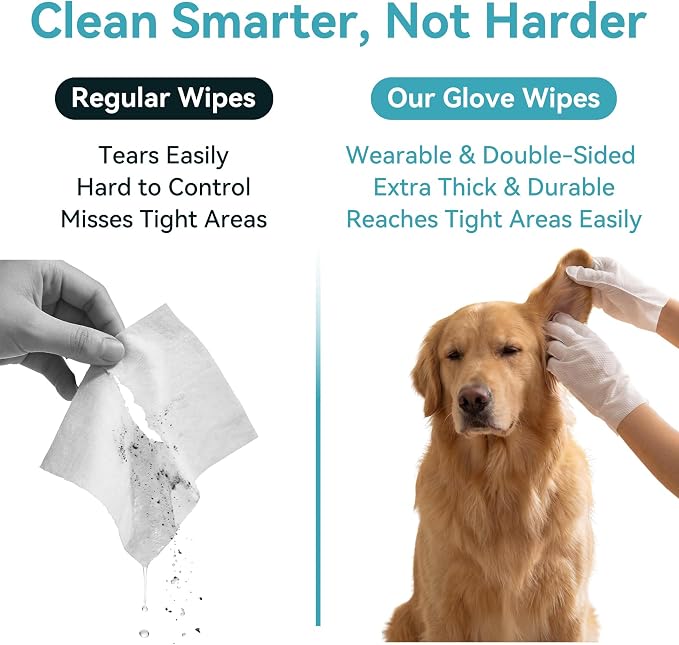 Extra Thick Pet Glove Wipes for Dogs Cats, Double Moisture No-Rinse Deodorizing Grooming Gloves for Paws, Body, Ears & Eyes, Hypoallergenic Dog Cleaning Wipes, Coconut Scent, 12 Count