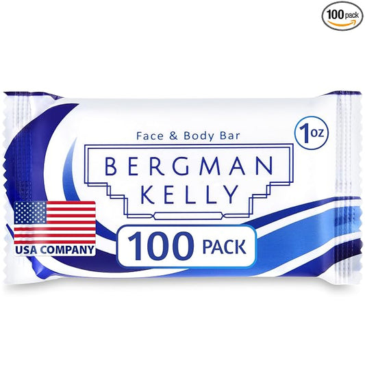 BERGMAN KELLY Luxury Travel Size Soap Bulk, White Tea, 1 oz, 100 PK | Bergman Kelly Guest Size: Individually wrapped 3" x 1.8" bars. Rich lather, ideal for Airbnbs, travel, and care packages.