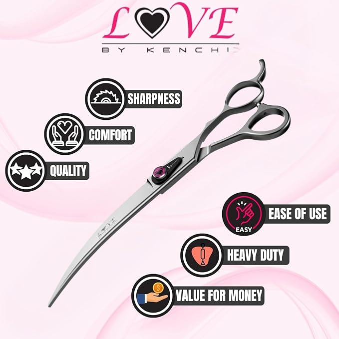 Kenchii Love Dog Grooming Scissors, 8 Inch Curved Shears, Dog Scissors for Grooming, Professional Pet Grooming Scissors, Ergonomic & Comfortable