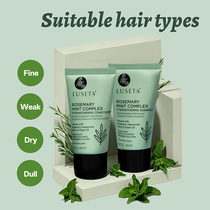 Luseta Rosemary Mint Tavel Shampoo and Conditioner Set Mini Size Strengthen and Nourish Thinning Hair Reduce Frizz for Women and Men 2 x 1.01oz