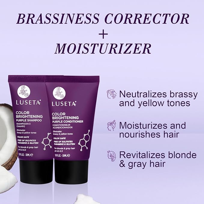 Luseta Color Brightening Purple Travel Shampoo and Conditioner Mini Kit for Blonde, Silver and Gray Hair - Brassiness Neutralizer for Highlighted and Bleached Hair, 2x1.01oz Carry on Friendly