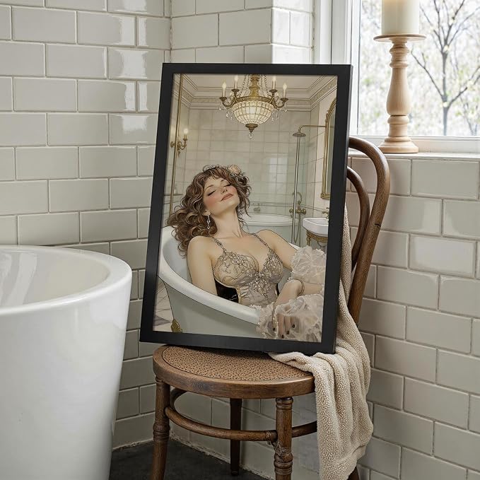 Elegant Vintage Bathing Woman Wall Art Luxury Bathroom Poster with Crystal Chandelier Classic Victorian Spa Art Print Aesthetic Wall Decor for Powder Room Apartment 12X18 in Unframed