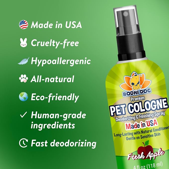 Bodhi Dog Premium Dog Cologne - Deodorizing Dog Perfume & Conditioner for Dogs & Cats - Natural Long Lasting Spray - Keeps Pets Fresh All Day - Gentle & Safe Formula, Made in USA (Fresh Apple 4 Fl Oz)