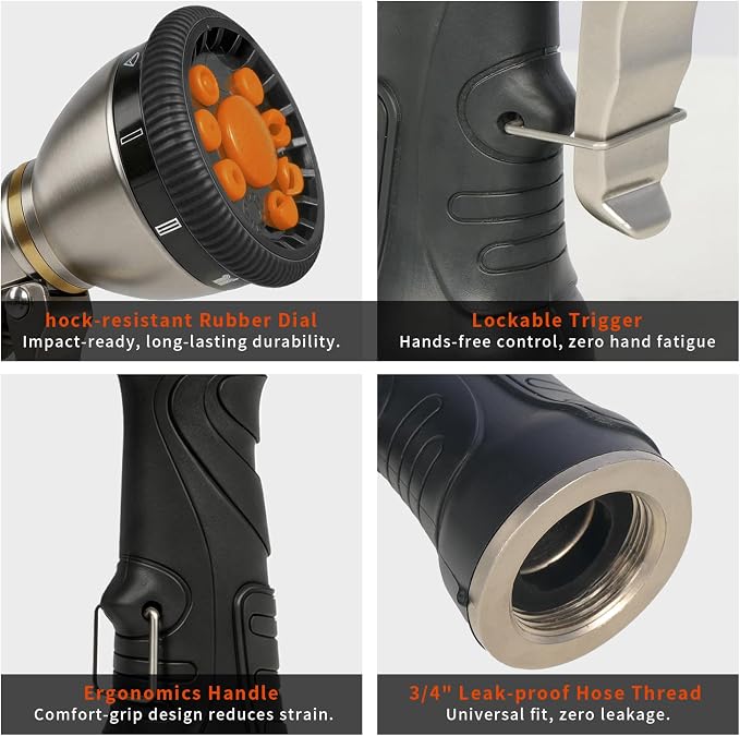 Besiter Garden Nozzle Sprayer, High Pressure Metal Water Hose Sprayer with 9 Watering Patterns, Heavy Duty Sprayer for Washing Cars, Watering Plants, Cleaning Yard & Showering Pets (Orange)