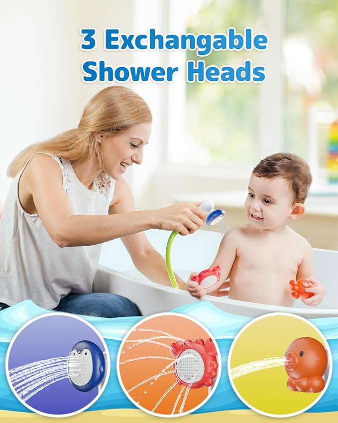 Baby Bath Shower Head with Water Thermometer, 3-in-1 Rechargeable Bath Toys, 3 Exchangable Shower Heads and Soft Silicone Baby Brush, for Newborns, Toddlers in The Tub or Sink - Automatic Ⅲ