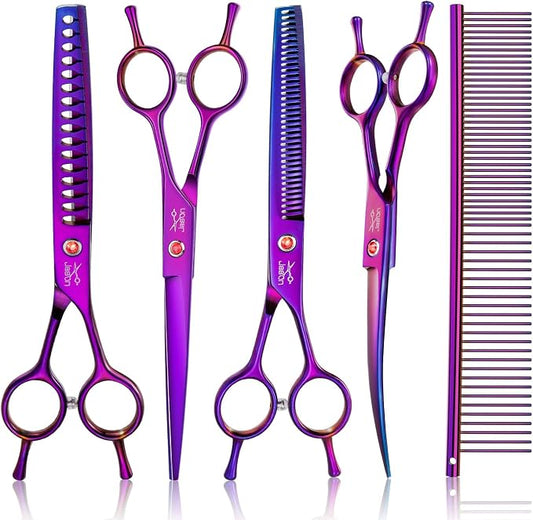 JASON Dog Grooming Scissors Kit, Professional 7 in 1 Dog Scissors Sharp Shears Set - Straight, Thinning, Chunker, Curved Shears and Comb for Long Short Hair for Dog Cat Pet Christmas Gift