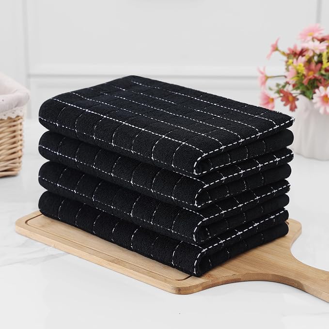 Homaxy 100% Cotton Terry Kitchen Towels(Black, 20 x 28 inches), Checkered Designed, Soft and Super Absorbent Dish Towels, Large 6 Pack