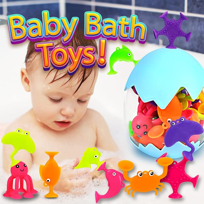 Suction Bath Toys for Kids, 18 Pcs Ocean Animal Suction Cup Toys with Eggshell & Bag, No Hole Mold Free Bath Toy, Sensory Window Building Toys for Toddlers Boys Girls 3 4 5 6 Year Old