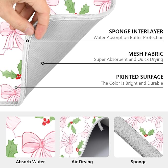 Pink Bow Christmas Holly Leaves Dish Drying Mat, Absorbent Drainer Mats for Kitchen Counter Coffee Maker 24"x18"