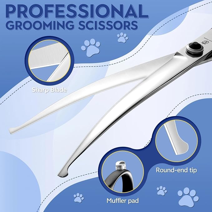 Dragon Creek 8" Downward Curved Dog Grooming Scissors Shears for Grooming Face and Paws Safety Round Tips Shears Trimming Cutting Scissors for Dog Cat Pet Black