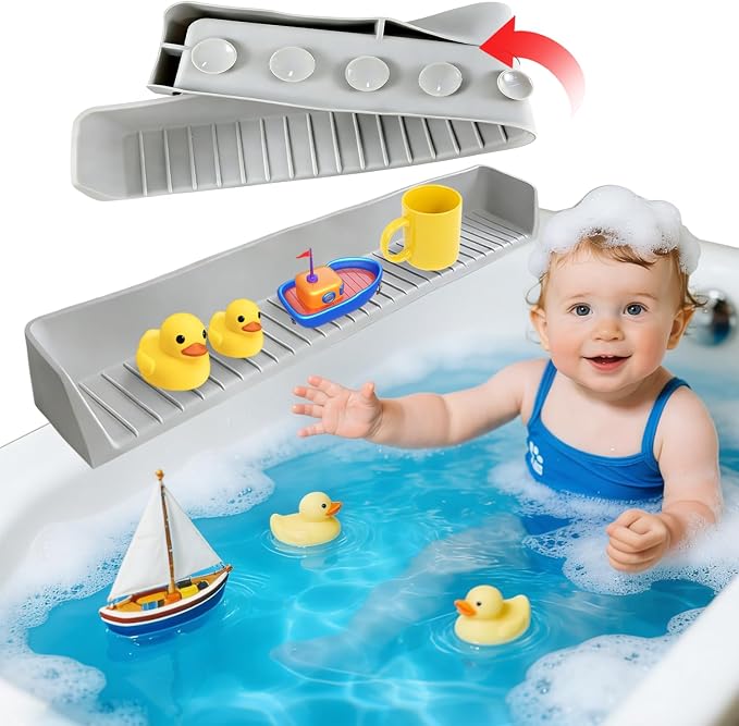 Splash Guard for Bathtub, Silicone Bathtub Tray for Kids with 11 Suction Cups, Bathtub Edge Water Guard, Prevent Water Spills, Toy Storage Shelf for Toddlers & Babies Bath Time(2.6FT, Grey)