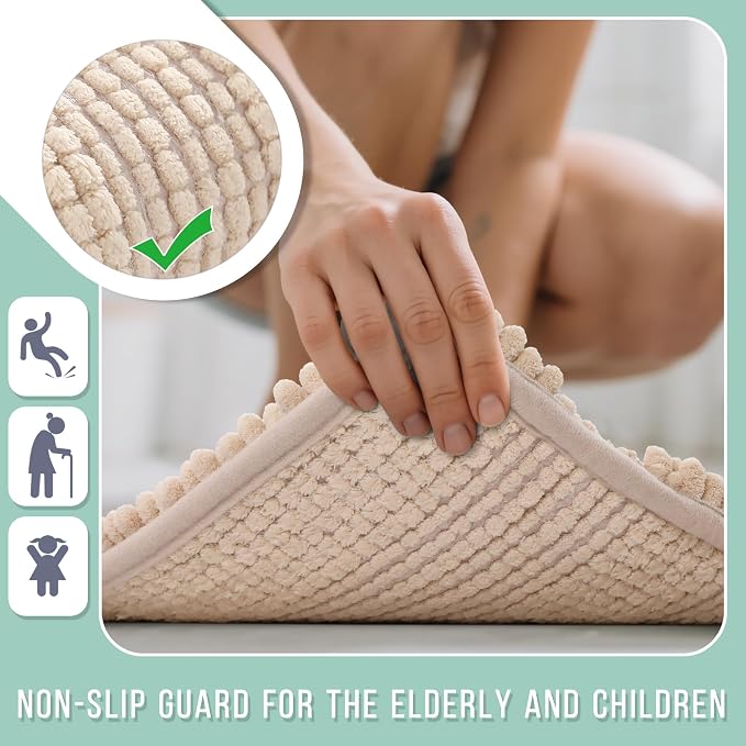 Yimobra Bathroom Rug Mat, Non Slip and Super Absorbent Bath Mat, Machine Washable Quick Dry, Ultra Plush Chenille Shower Rugs for Bathroom Floor Sink Tub and Shower Outside, Beige, 24 x 17