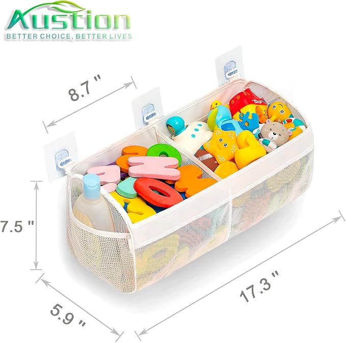 Austion Original Two Compartment Easy-access Mesh Bath Toy Organizer for Bath Tub with Large Openings Quick Drying Cute Toddler Bath Toy Storage Holder for Baby