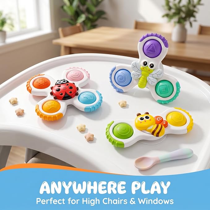 Full Silicone Bath Toys|Suction Spinners Baby Airplane Travel Essentials Fidget Spinners for Kids|Fridge Magnets for Toddlers 1-3|Insect Pop Relieves Crying|Safe Window Play Gifts