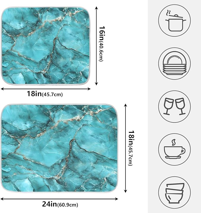 Teal Marble Pattern Dish Drying Mat, Absorbent Drainer Mats for Kitchen Counter Coffee Maker 24"x18"